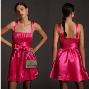 NWT Anthropologie | Maeve | Hot Pink Bow-Tie Satin Square Neck Mini Dress, 10